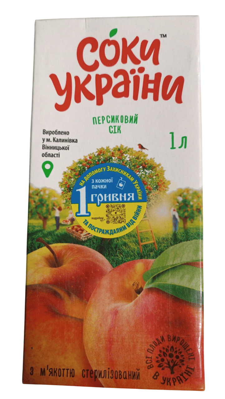 Сік персиковий з м`якоттю ТМ "Соки України" 1 л